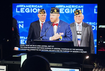 105th National Convention: Matthew Shuman prepares to speak at The American Legion's 105th National Convention, as seen from the television control room in New Orleans, Louisiana.